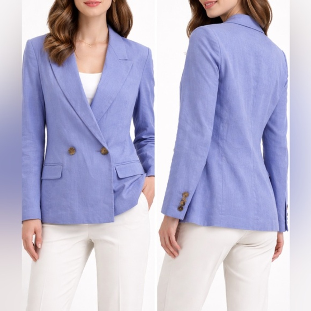 NWT Banana Republic Linen Blend Blazer Blue Double Breasted Jacket Size 4